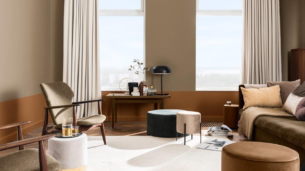 Sala de estar com divisão baixa em bege e terracota Dulux_CF21_Color_of_the_Year_Trust_colors_global_2